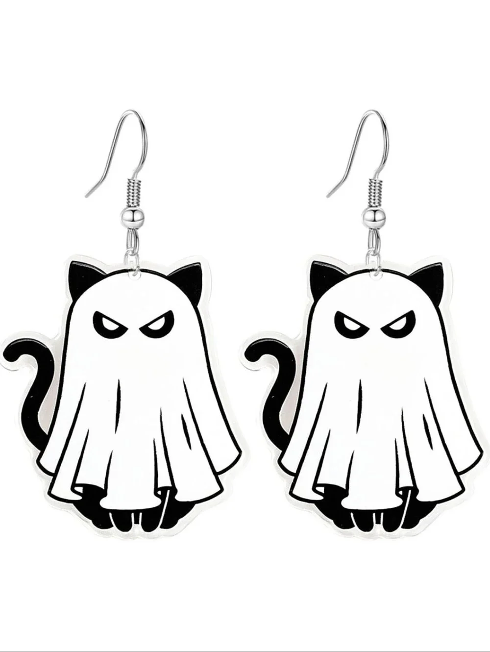 Cute Ghost Cat Dangle Earrings - White and Black